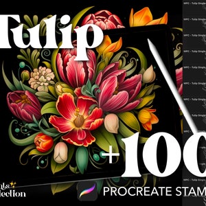 Plus de 100 tampons Procreate tulipe, tatouage de bouquet de fleurs botaniques, nature florale et fleurs sauvages, téléchargement numérique, fourniture d'art numérique, brosse Procreate