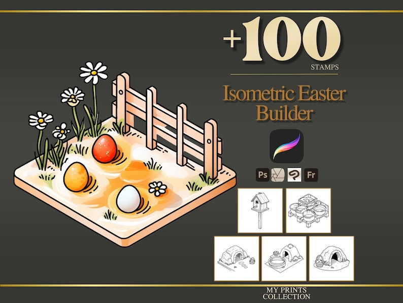 May include: Isometric Easter Builder graphic featuring three coloured eggs, a wooden fence, and daisies. The image includes the text "+100 STAMPS" and "Isometric Easter Builder". Additional icons and illustrations are also present.