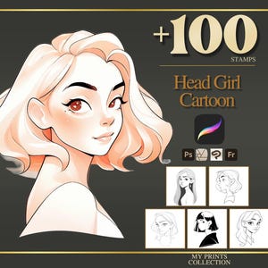 Head Girl Cartoon Maker Procreate Stempels en Photoshop-penselen – 100+ anime-mangahoudingen tatoeage, illustratie, zeer fijne tekeningen, stencil, penseelpakket