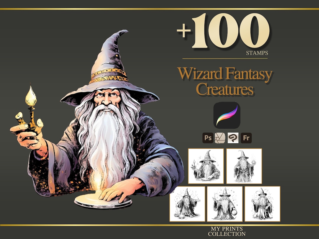 Wizard Procreate Stamps & Photoshop Brushes – 100+ Fantasy Creatures ...