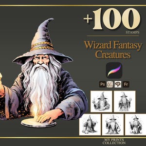 Sellos para Procreate y pinceles para Photoshop de Wizard: más de 100 criaturas fantásticas para tatuajes, ilustraciones, dibujos lineales, plantillas y paquete de pinceles.