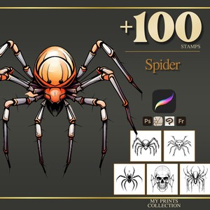 Spider Procreate Stamps & Photoshop Brushes – 100+ Tattoo Realistic Insect Bug Halloween, Illustration, Line Art, Stencil, Brush Pack
