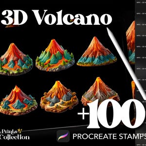 Puede incluir: Una ilustración digital de sellos de volcanes 3D para Procreate. La imagen muestra seis diseños de volcanes diferentes con varios colores y texturas. El texto "3D Volcano +100 Procreate Stamps" es visible en la imagen.