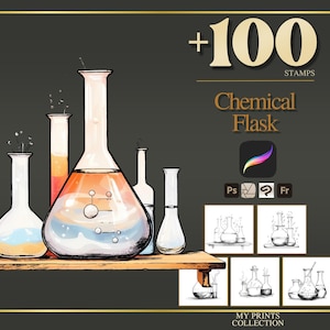 Chemical Flask Procreate Stamps & Photoshop Brushes – 100+ Object Transport Tattoo, Illustration, Line Art, Stencil, Brush Pack