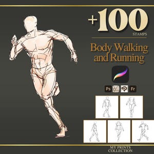 May include: Digital art product featuring a sketch of a running figure, with the text "+100 STAMPS Body Walking and Running." Includes sample body poses and icons for Procreate, Photoshop, and other software. Dark gray background.