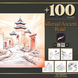Silkroad Ancient Road Procreate Stamps & Photoshop Brushes – 100+ Interior Room Design Tattoo, Illustration, Line Art, Stencil, Brush Pack