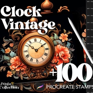 Oltre 100 francobolli vintage Procreate Clock, oggetti di arredamento per la stanza di interior design, download digitale, fornitura di arte digitale, pennello Procreate