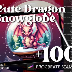 Plus de 100 tampons boule à neige procréer dragon mignon, Kawaii Chibi Noël Noël hiver, téléchargement numérique, fourniture d&#39;art numérique, brosse procréer