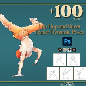 Può includere: Illustrazione di una persona che fa una verticale, che indossa pantaloni arancioni e una camicia bianca. L'immagine include il testo "+100 BRUSHES Hip Hop and Street Dance Dynamic Poses" e le icone di Photoshop. Sono presenti anche schizzi di pose di danza.
