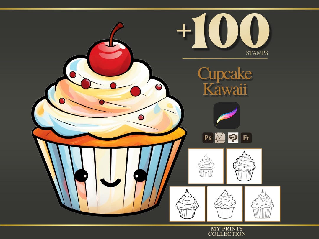 Cupcake Kawaii Procreate Stamps & Photoshop Brushes – 100+ Chibi Bold ...