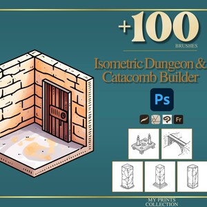 Könnte beinhalten: Grafik für Isometric Dungeon & Catacomb Builder mit türkisblauem Hintergrund. Das Bild zeigt eine Cartoon-Illustration eines Dungeon-Raums mit einer Holztür. Der Text lautet "+100 BRUSHES" und "Isometric Dungeon & Catacomb Builder".