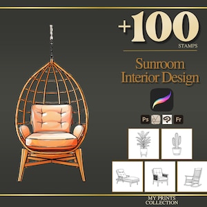 May include: A digital illustration of a hanging egg chair with a light orange cushion, accompanied by text reading +100 STAMPS Sunroom Interior Design. The graphic includes icons for design software and five small black and white line art furniture sketches.
