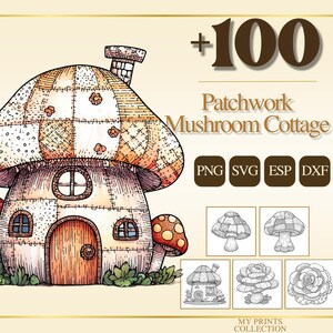 Könnte beinhalten: Illustration eines Pilzhauses mit Patchwork-Design. Das Haus hat eine braune Tür, kleine Fenster und einen Schornstein. Das Bild enthält den Text "Patchwork Mushroom Cottage" und Dateityp-Symbole.