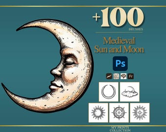 Sun and Moon Medieval Photoshop Brushes & Procreate Stamps – 100+ Woodcut Tattoo, Digital Art, Clipart, Line Art, Stencil