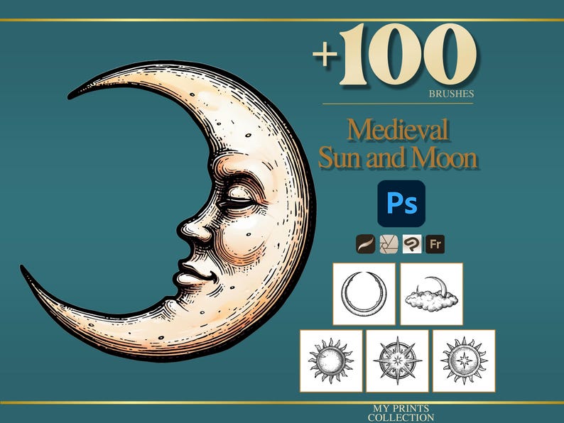 Sun and Moon Medieval Photoshop Brushes & Procreate Stamps – 100 ...