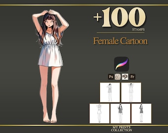 Sellos y pinceles de Photoshop para crear caricaturas femeninas en Procreate: más de 100 poses de anime y manga para tatuajes, ilustraciones, arte lineal, plantillas y pinceles.