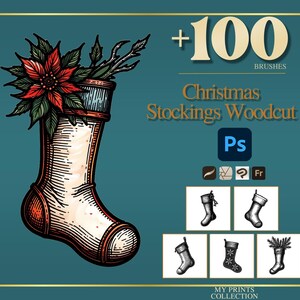 May include: An illustration of a Christmas stocking filled with a red poinsettia and greenery. The image includes the text "+100 Brushes" and "Christmas Stockings Woodcut". Additional icons and stocking illustrations are also present.