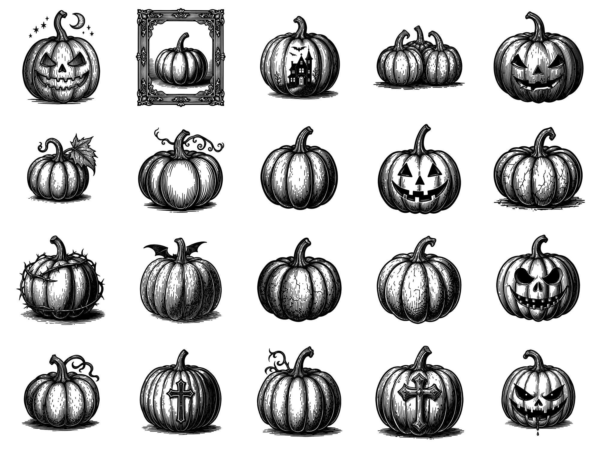 Pumpkins Woodcut Photoshop Brushes & Procreate Stamps – 100+ Halloween ...