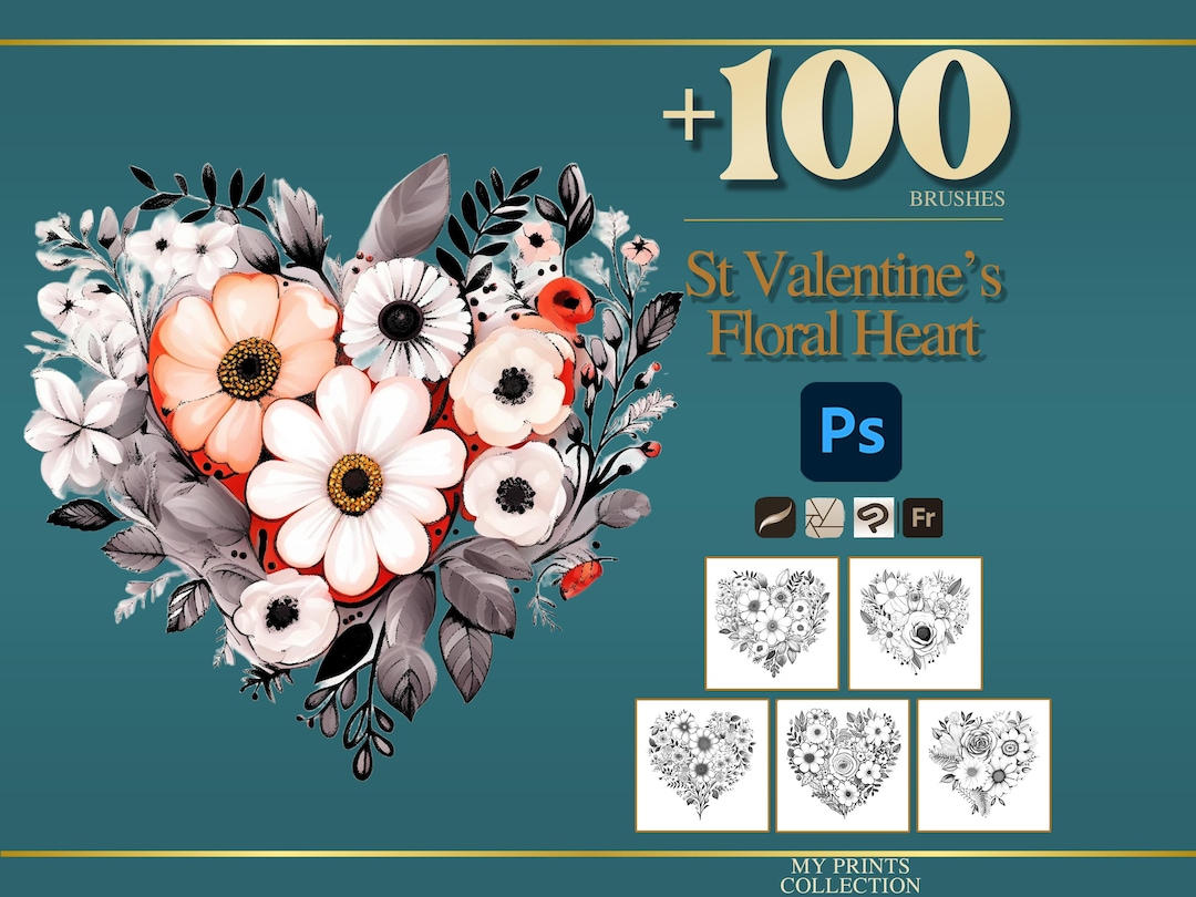 St Valentines Floral Heart Photoshop Brushes & Procreate Stamps – 100 ...