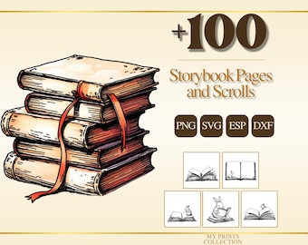 May include: A stack of five illustrated books tied with a red ribbon, accompanied by text reading +100 Storybook Pages and Scrolls, PNG, SVG, ESP, DXF, and five small square icons showing line drawings of open books and a rabbit character.