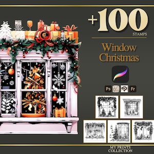 Window Christmas Procreate Stamps & Photoshop Brushes – 100+ Tattoo, Drawing, Digital Art, Clipart, Line Art, Brush Pack
