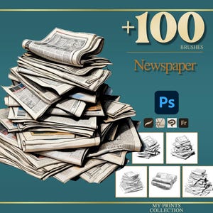Può includere: Una pila di giornali con il testo "+100 BRUSHES Newspaper" su sfondo verde acqua. L'immagine include icone per Photoshop e altri strumenti di progettazione, insieme a diversi piccoli schizzi di pile di giornali.