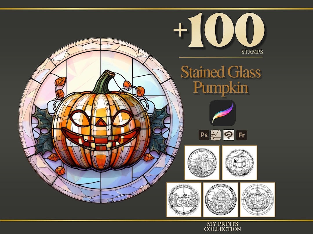 Stained Glass Pumpkin Halloween Procreate Stamps & Photoshop Brushes ...