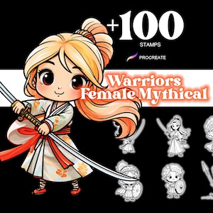Más de 100 sellos de dibujos animados míticos femeninos de Procreate Warriors, juego de pinceles de fantasía Chibi Kawaii, arte de armadura para iPad, descarga digital sobrenatural
