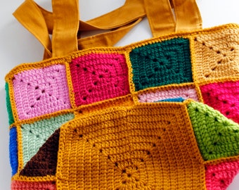 Colorful granny squares bag with linen lining, bag with a square bottom, yellow bag, granny squares bag, shoulder bag