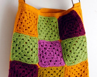 Shoulder bag with crochet decoration, cross body bag, granny squers bag, yellow bag