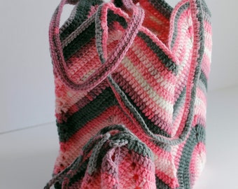 Gehäkelte Tulpentaschen, Oma-Quadrat-Tasche, handgehäkeltes Taschenset, rosa und graue Tasche
