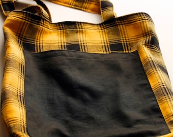 Doppelseitige gelb-schwarze Tartan Tasche, Schultertasche, Beutel für den Alltag mit Taschen, Wendetasche
