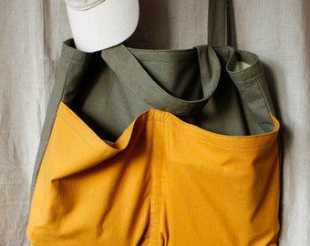 Oversize Linen Blend Summer Bag - Olive & Yellow, Large summer beach bag, both handles tote bag