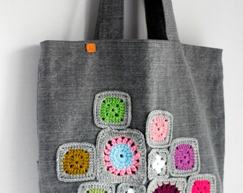 Canvas bag with granny squares decoration, tote bag with lining, shoulder bag, granny squres bag, unique tote bag, grey bag