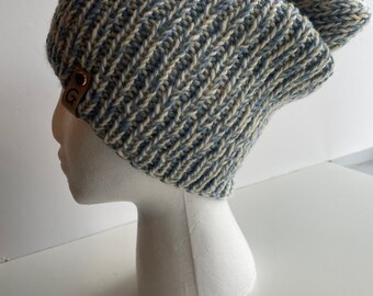 Simple handmade beanie hats, handknitted from wool, merino and acrylic, melange copper and cream. blue and cream winter hat, heather hat