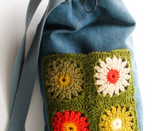 Crossbody bag with granny squares pocket, Denim bag with front pocket, granny squares bag