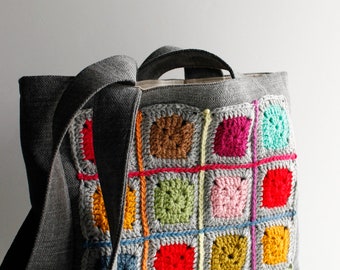 Canvas bag decorated with colourful granny squares both sides, Grey tote bag, Bag for everyday use