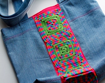 Jeans and granny squares. Shoulder bag with granny squares. Lined bag. Recycled denim, blue and pink bag.