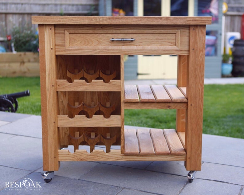 Solid oak kitchen island on wheels with bespoke wine rack Etsy