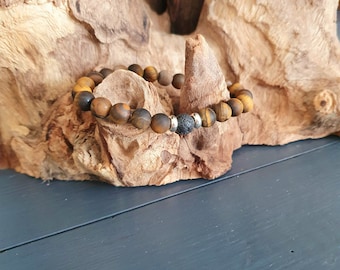 Men's elastic bracelet in beads, wood and volcanic stone