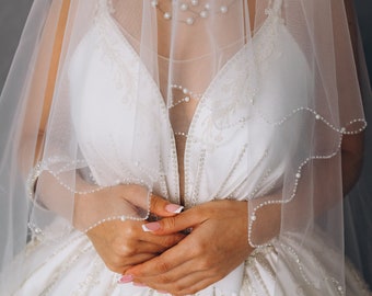 Veil For The Bride With A Beaded Border In The Form Of A Wave.