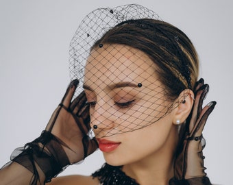 Black Birdcage Veil With Pearls On The Hoop.