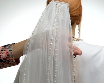 Bridal Wedding Veil With Pearls And Crystal, Sewn Rows In The Form Of Rain.