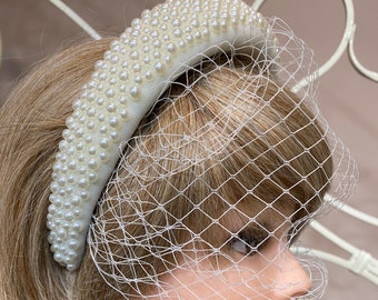 Birdcage veil with pearls on headband, French veil netting headpiece, bridal headband, Veil Hair Accessories