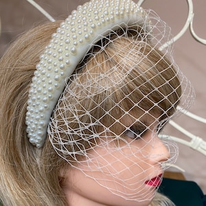 Pearl Headband with Birdcage Veil: French Net Bridal Headpiece