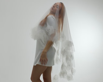 Veil For The Bride With Flowers, The Edge Of The Veil Is Trimmed With Handmade Tulle Flowers.