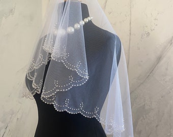 Wedding Veil With A Beaded Border, Beaded Lace Effect.