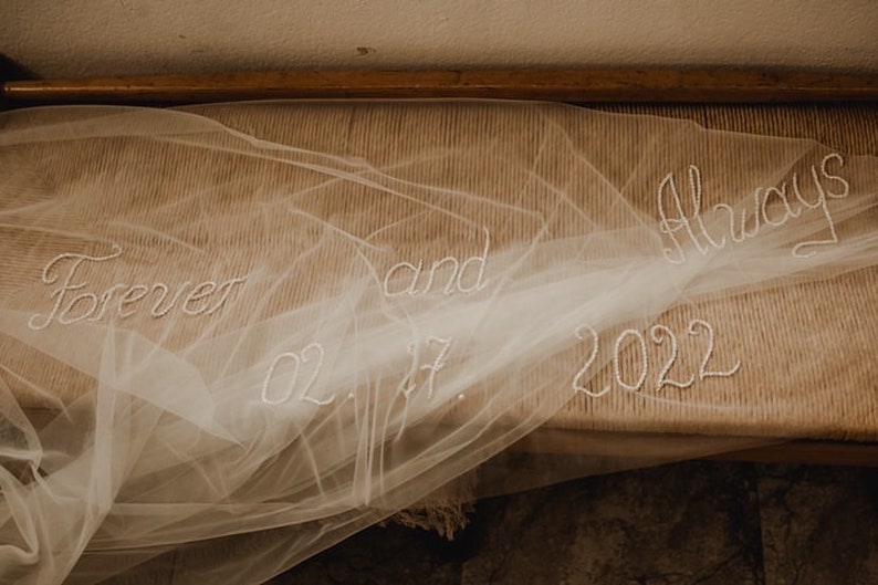 Personalization veil. Bespoke Veil, Wedding veil with phrases, words, letters, initials embroidered with beads. Custom veil, monogram veil. image 9
