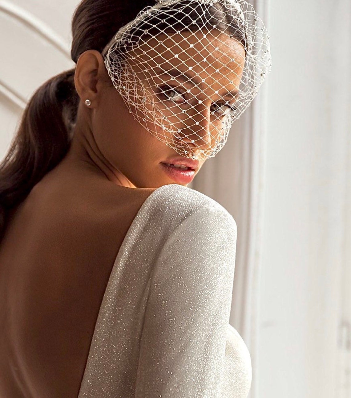 Birdcage with crystals on headband French veil netting image 3
