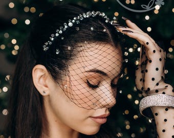 Birdcage Veil With Crystals On Headband.